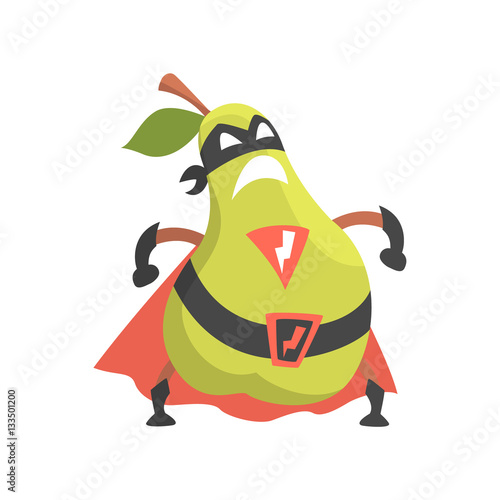 Pear Dressed As Superhero With Cape And Mask, Part Of Vegetables In Fantasy Disguises Series Of Cartoon Silly Characters