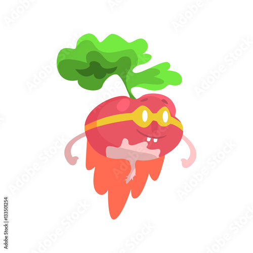 Radish WIth Glasses And Cape Dressed As Superhero, Part Of Vegetables In Fantasy Disguises Series Of Cartoon Silly Characters