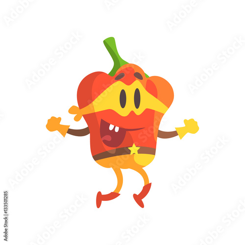 Bell Pepper In Mask And Superhero Costume, Part Of Vegetables In Fantasy Disguises Series Of Cartoon Silly Characters