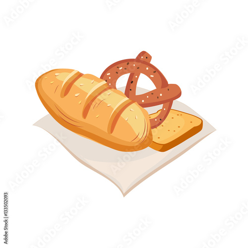 Freshly Baked Bread, Pretzel And Toast, Farm And Farming Related Illustration In Bright Cartoon Style