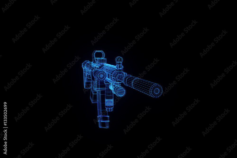 Gun Weapon Hologram Wireframe in Motion. Nice 3D Rendering
Gun Weapon Hologram Wireframe in Motion. Nice 3D Rendering