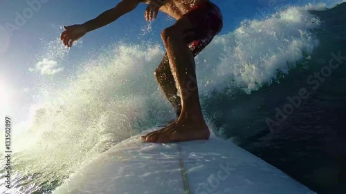 POV man surfing ocean wave. Summer extreme sports HD slow motion