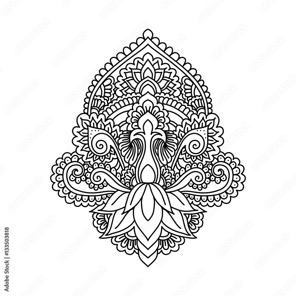 Fototapeta premium Vector ornamental Lotus flower, ethnic art, patterned Indian paisley. Hand drawn illustration. 