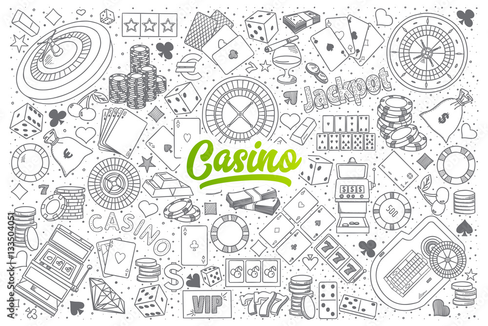 Hand drawn set of Casino doodles with green lettering in vector