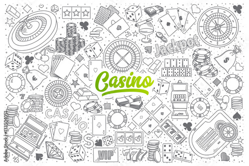 Hand drawn set of Casino doodles with green lettering in vector