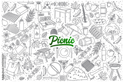 Hand drawn set of picnic doodles with green lettering in vector