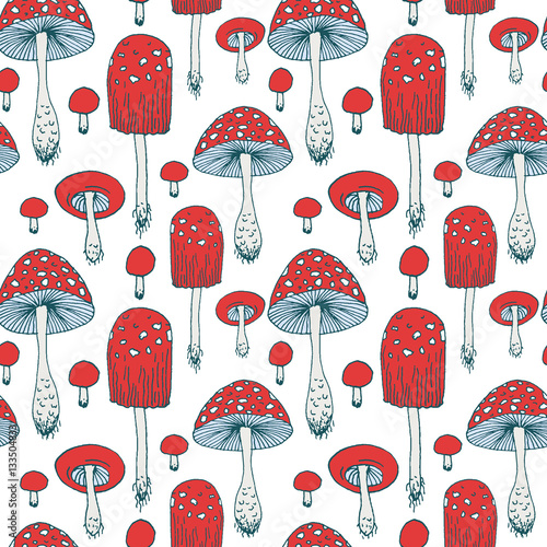 Seamless pattern with amanita forest mushrooms - vector outline hand drawn sketch. Collection of different mushrooms with roots, real eatable and poisoned boletus
