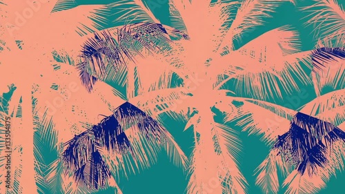 Artistic Background in Peach, Cyan and Indigo Colors With Super Palm Tree Silhouettes Moving Smoothly in Slow Mothion. Loop