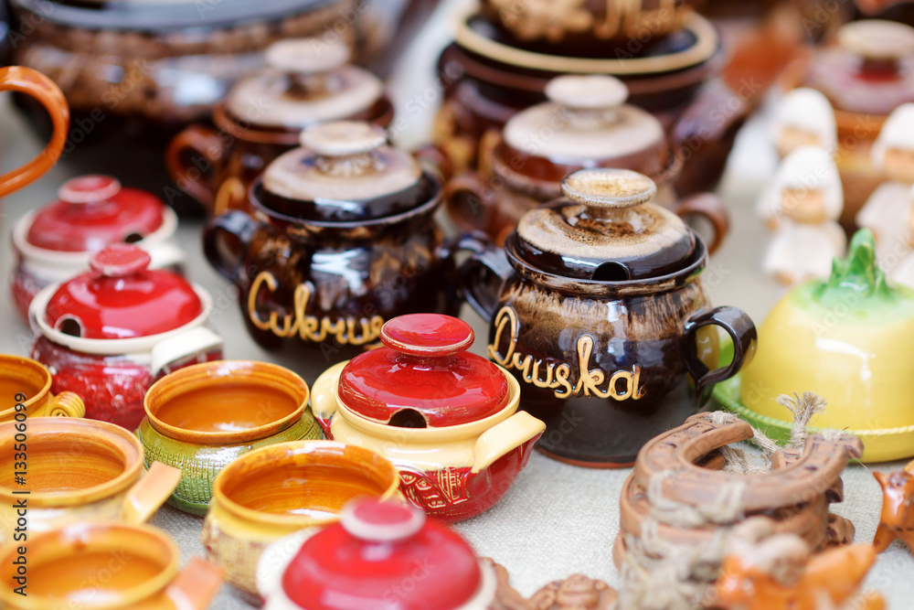 Ceramic dishes, tableware and jugs sold on Easter market in Vilnius, Lithuania