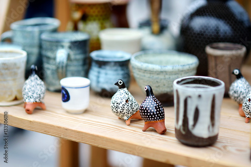 Canvas Print Ceramic dishes, tableware and jugs sold on Easter market in Vilnius, Lithuania