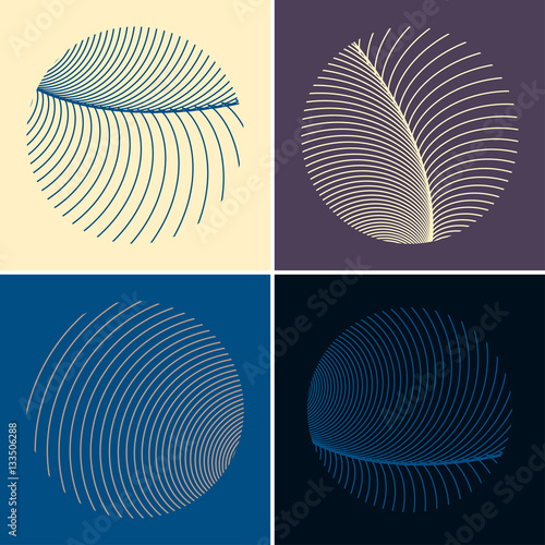 four stylized round feathers in blue and purple shades