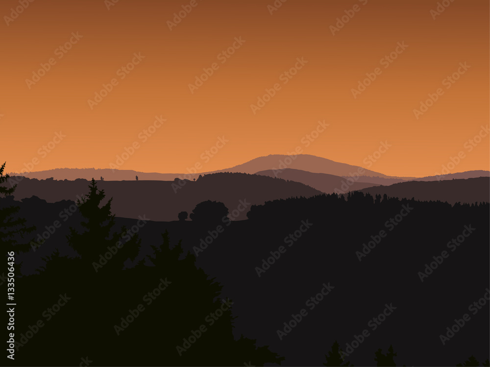 Panorama landscape with dark silhouettes of hills, mountains, dramatic clear sky, sunrise - vector illustration