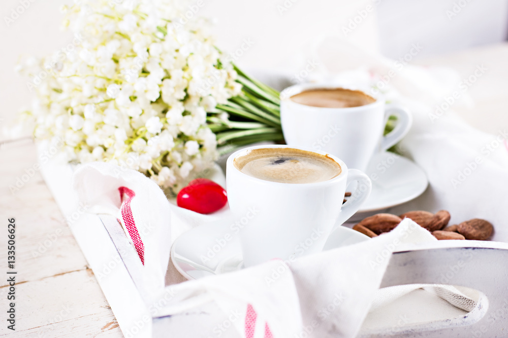 espresso, heart and bouquet of flowers espresso, heart and bouquet of flowers