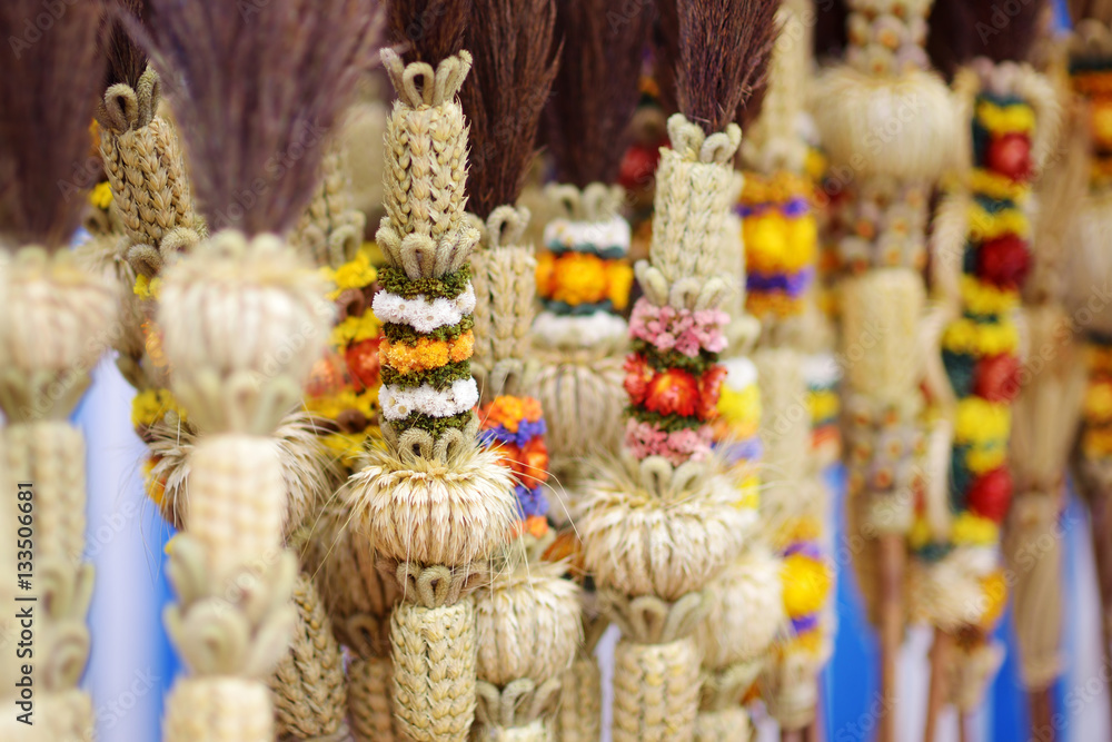 Traditional Lithuanian Easter palm known as verbos sold on Easter market in Vilnius, Lithuania