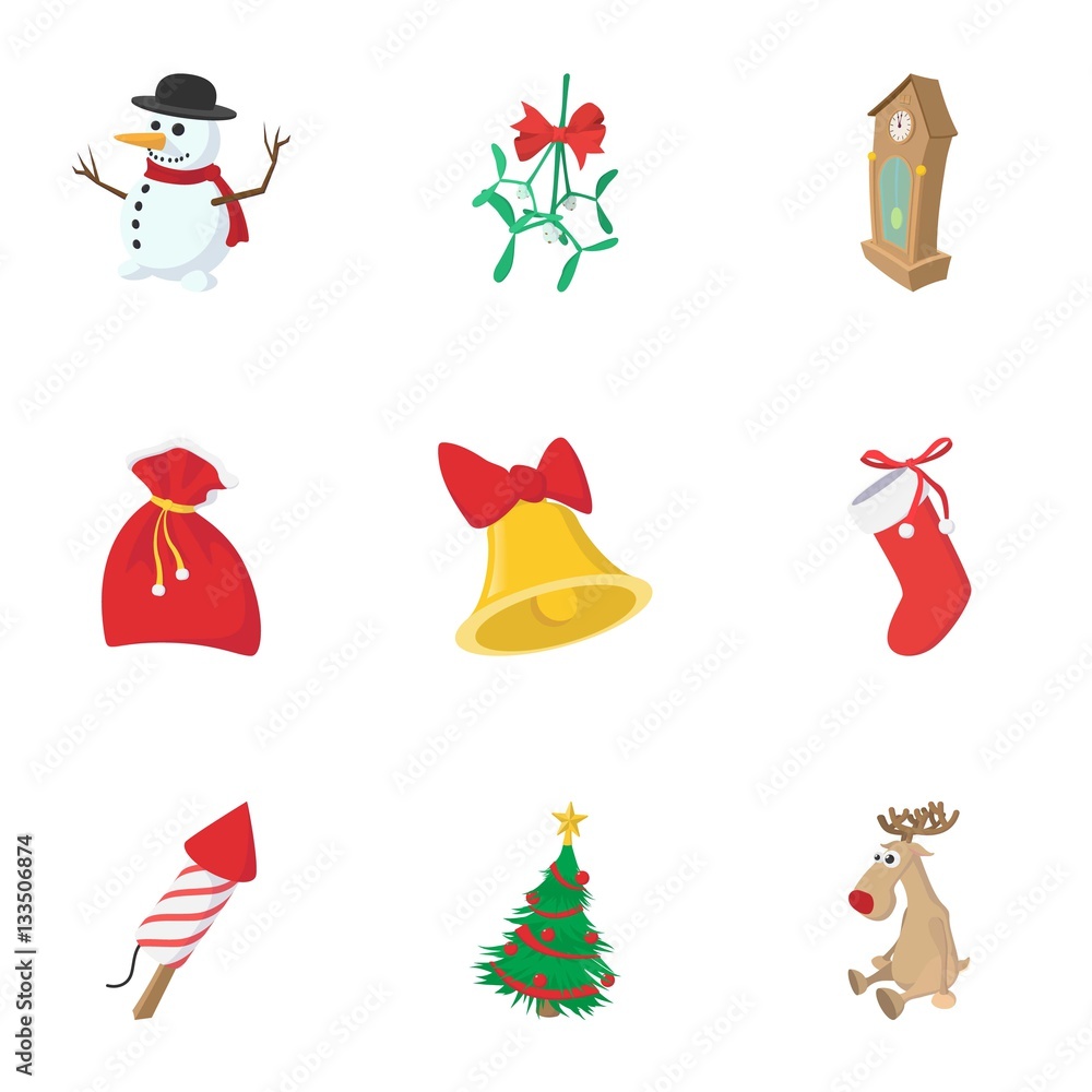 Winter holiday icons set, cartoon style Winter holiday icons set, cartoon style