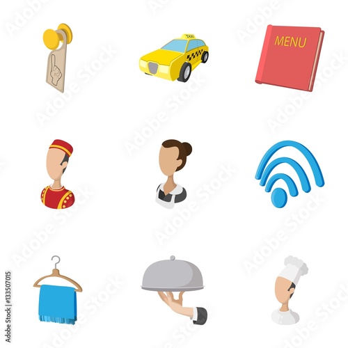 Staying in hotel icons set, cartoon style