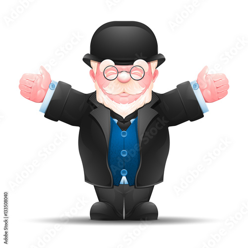 Senior man stretched out his hands to both sides. Full length portrait of elderly businessman dressed in formal suit isolated on white. Vector illustration 10 EPS