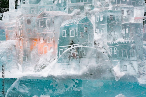 Ice sculpture, small house from ice. Ice masters competition at Hrebienok, Slovakia