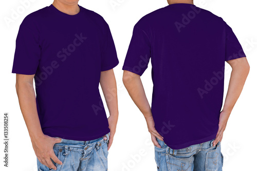 Man wearing blank dark violet color t-shirt with clipping path,