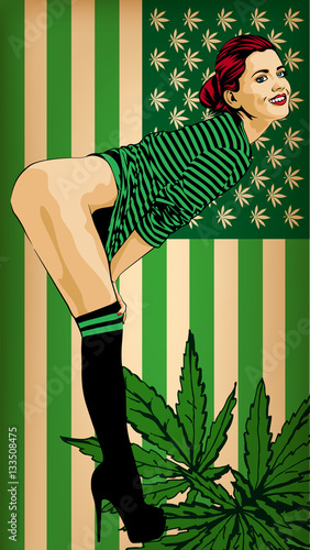 Pretty woman with usa flag green colored. Naked legs. Vector image. Usa flag green colors with marijuana leafs.