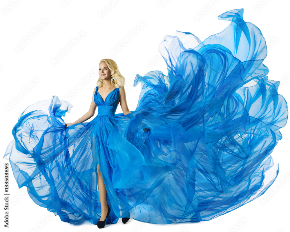 Fashion Model Dancing in Blue Dress Flying Fabric, Woman in Waving Gown,  Flowing Cloth Isolated over White Stock-bilde | Adobe Stock