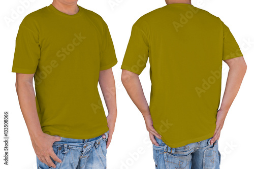 Man wearing blank olive t-shirt with clipping path, front and ba