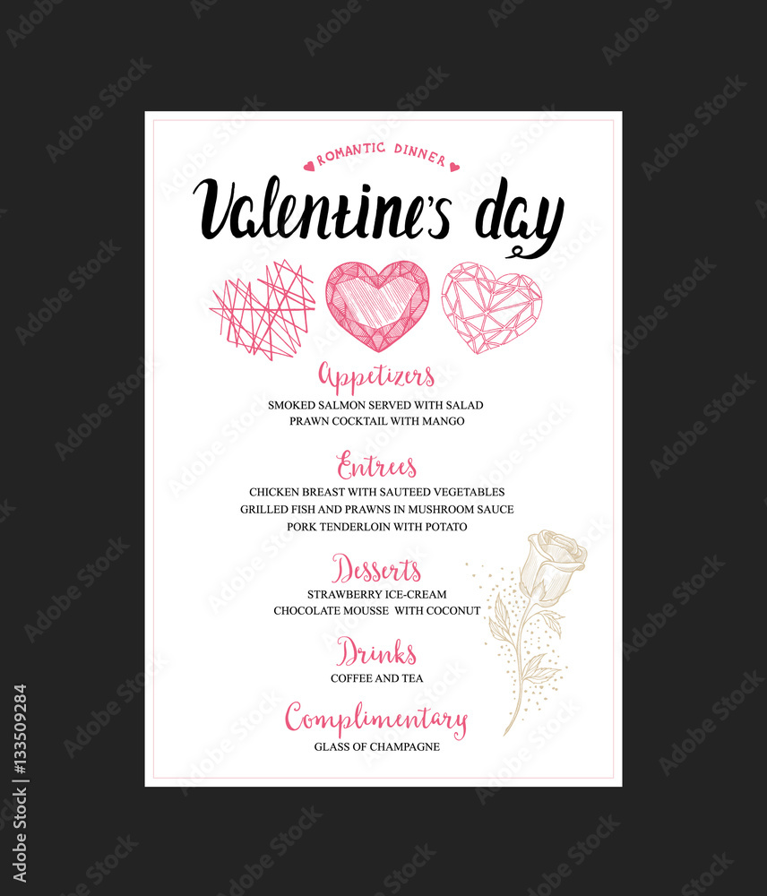 Menu flyer for Valentine Day dinner.