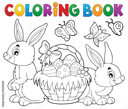 Coloring book Easter basket and rabbits