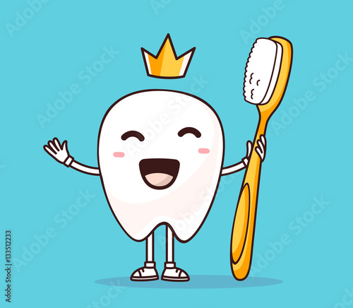 Vector illustration of smile white tooth with yellow crown holdi