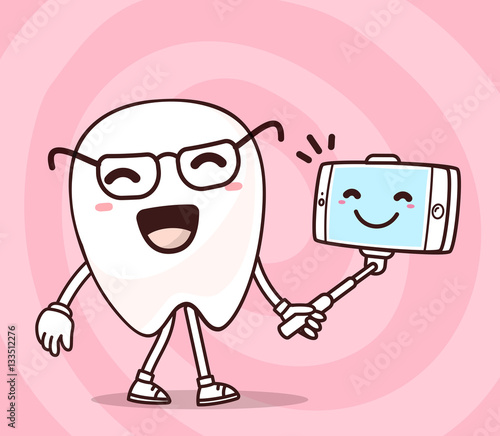 Vector illustration of smile white tooth with phone making selfi