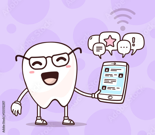 Vector illustration of smile white tooth holding phone on purple