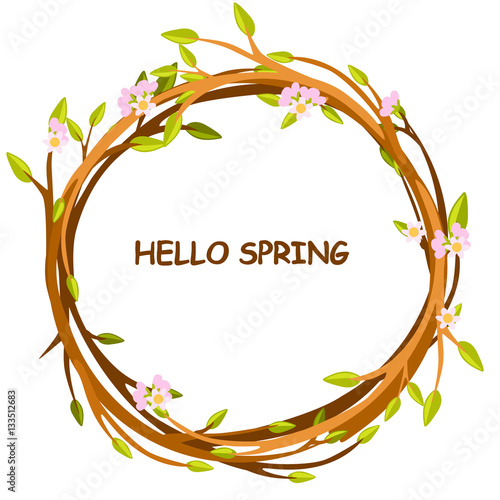 Cute background greeting card, HELLO SPRING in circle of twigs, set 4 season