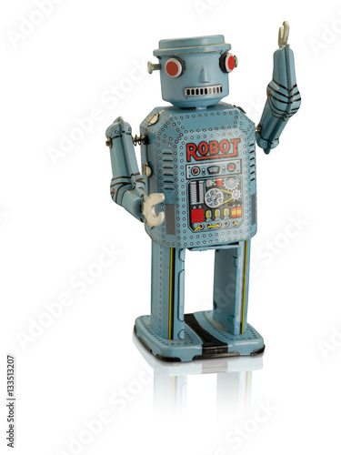 Blue robot waving with reflection isolated on white background