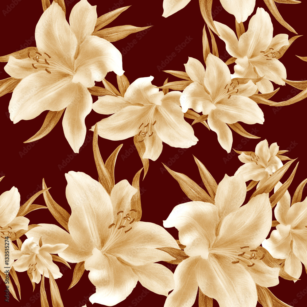 Fototapeta premium Lily flowers - wallpaper. Drawing pastel. Seamless pattern. Wallpaper. Use printed materials, signs, items, websites, maps, posters, postcards, packaging.
