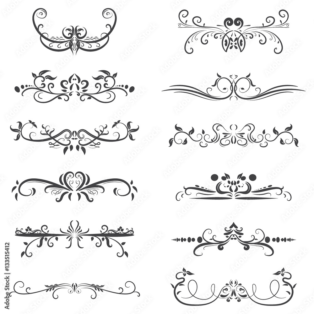 Vector set of calligraphic design elements in black lines swirl on white background