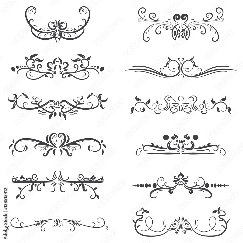 Vector set of calligraphic design elements in black lines swirl on white background Vector set of calligraphic design elements in black lines swirl on white background