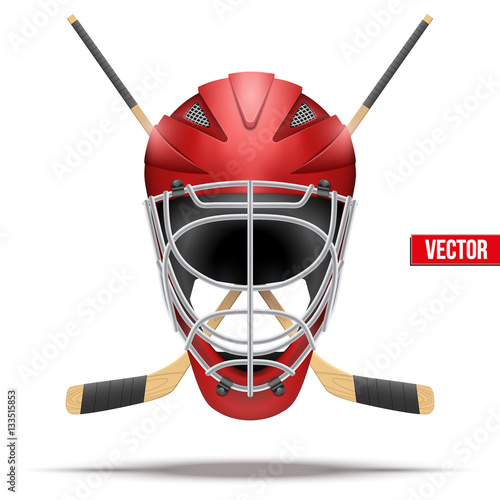 Ice hockey symbol with goalie helmet and sticks. Design elements. Illustration isolated on white background.