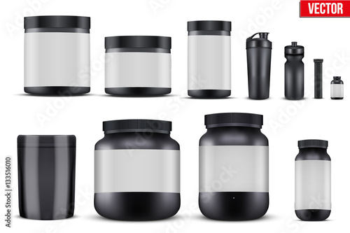 Big Set of Template Sport Nutrition Containers. Plastic Jars and foil package and drink bottle. Black color. Vector Illustration isolated on background