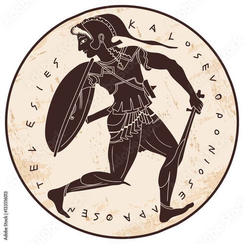 Amazon. Ancient Greek warrior woman. Brown pattern on the beige background with the aging effect.