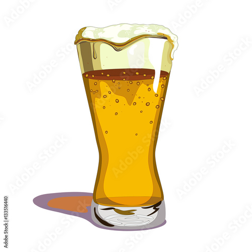 Tall beer glass with foam dripping down and moisture beads on the glass.
