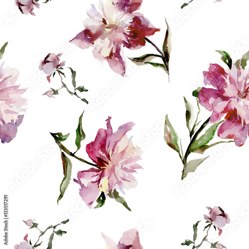 Seamless pattern with beautiful open pink peonies ans buds on white background. Watercolor painting. Hand drown. Can be used in greeting cards, wallpapers, fabric, wrapping paper