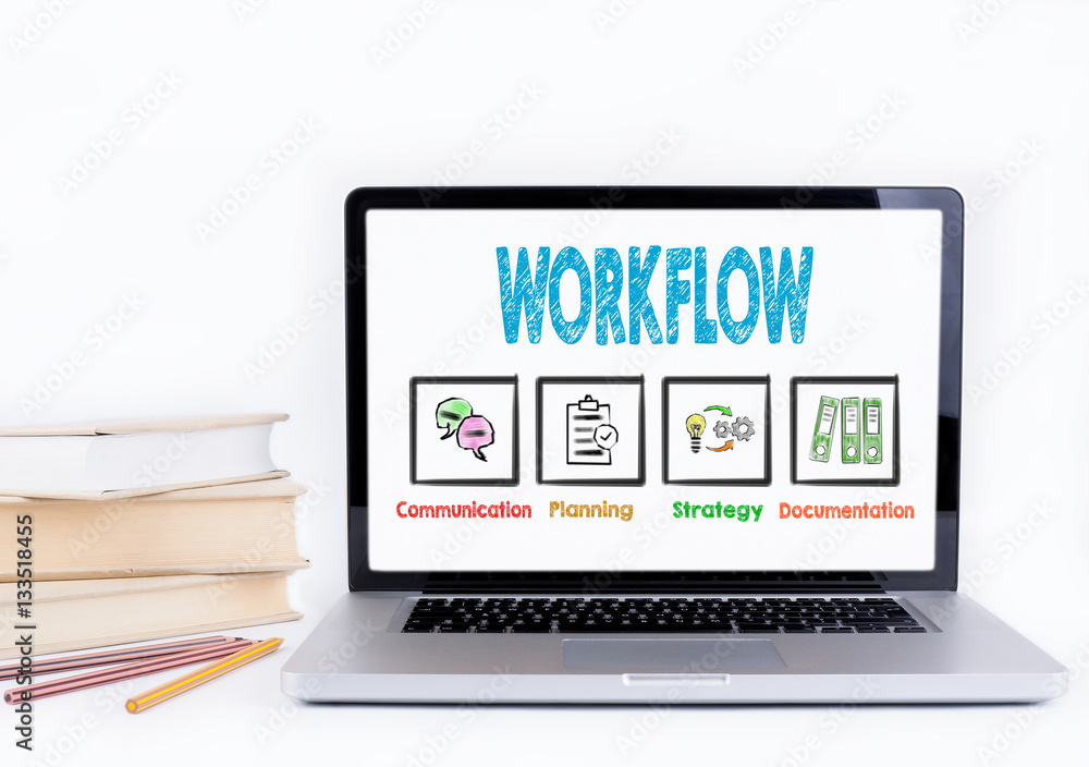 Workflow. Laptop and books on a white background. Workflow. Laptop and books on a white background.