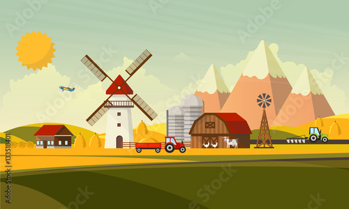 Colorful Flat Design of Agricultural Rural Landscape, Vector Illustration.