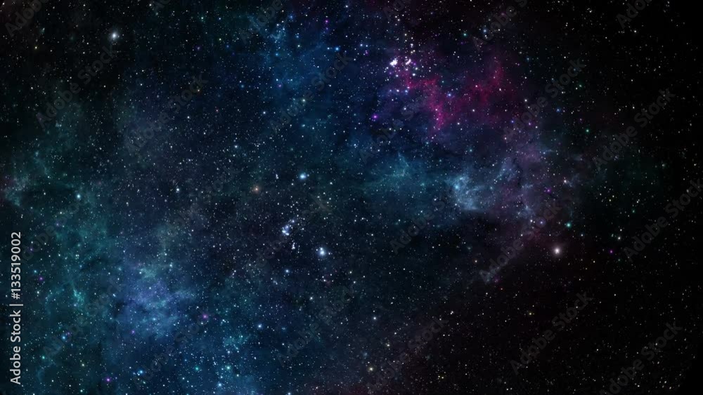Blue stars and nebulae fly through