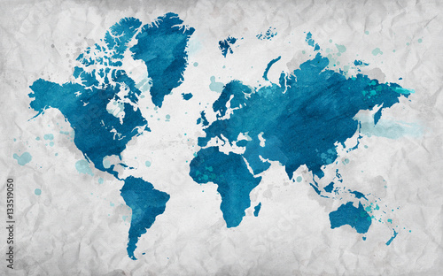Illustrated map of the world on crumpled paper. White Horizontal background.