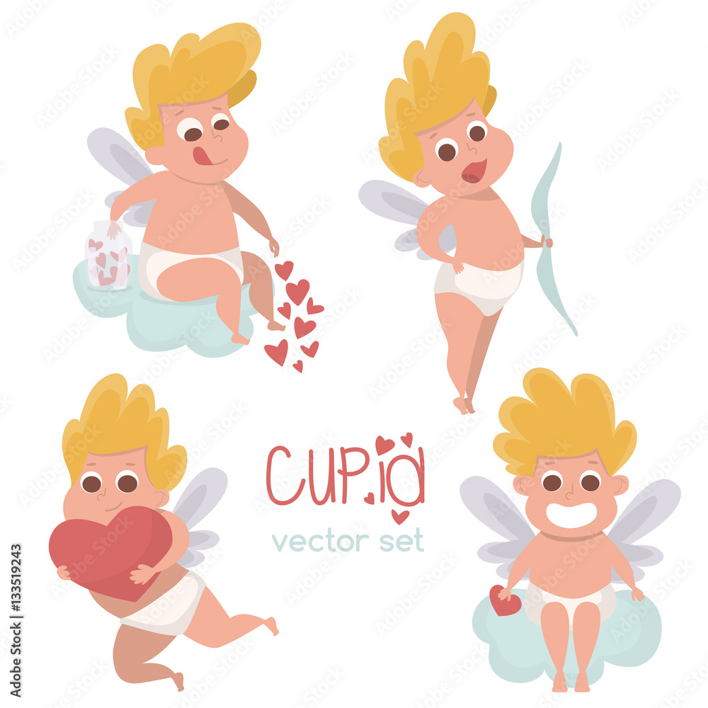 Cupid in various positions isolated. Cute baby boy cupid with heart.Vector Illustration Cupid in various positions isolated. Cute baby boy cupid with heart.Vector Illustration
