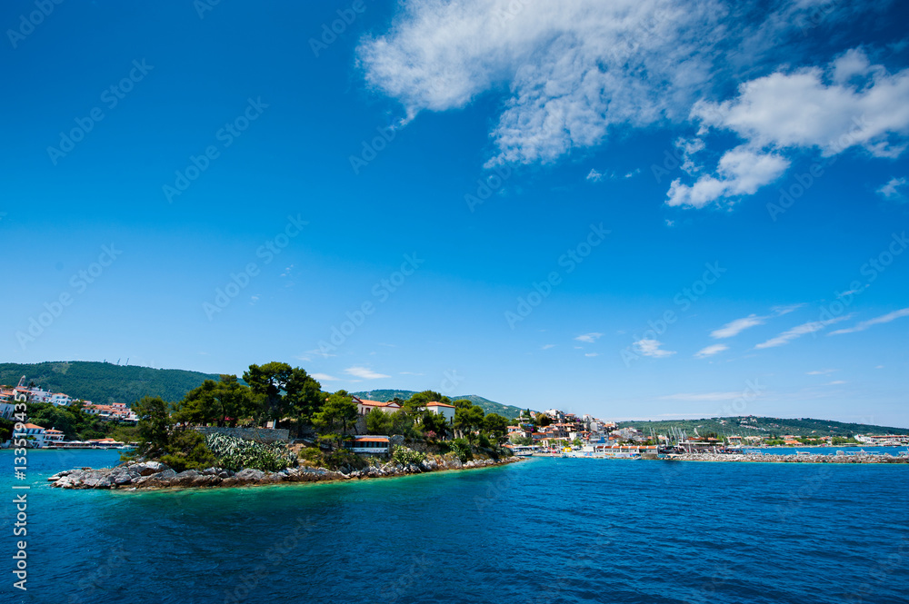 View of Skiathos town and harbour in Greece View of Skiathos town and harbour in Greece