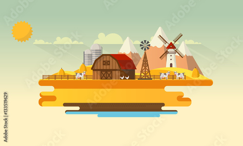 Abstract Colorful Flat Design of Agricultural Rural Landscape, Vector Illustration.