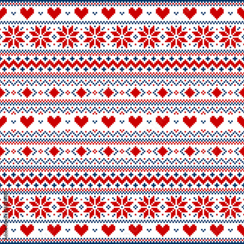 Red and blue pixel Valentine's Day vector background with hearts and snowflakes