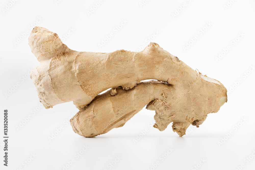 Cute fresh ginger root standing on white background Cute fresh ginger root standing on white background